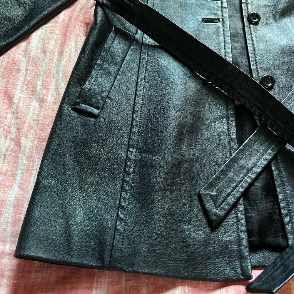 BAGATELLE Vintage Black Leather Hooded Trench Coat sz M - Picture 7 of 16